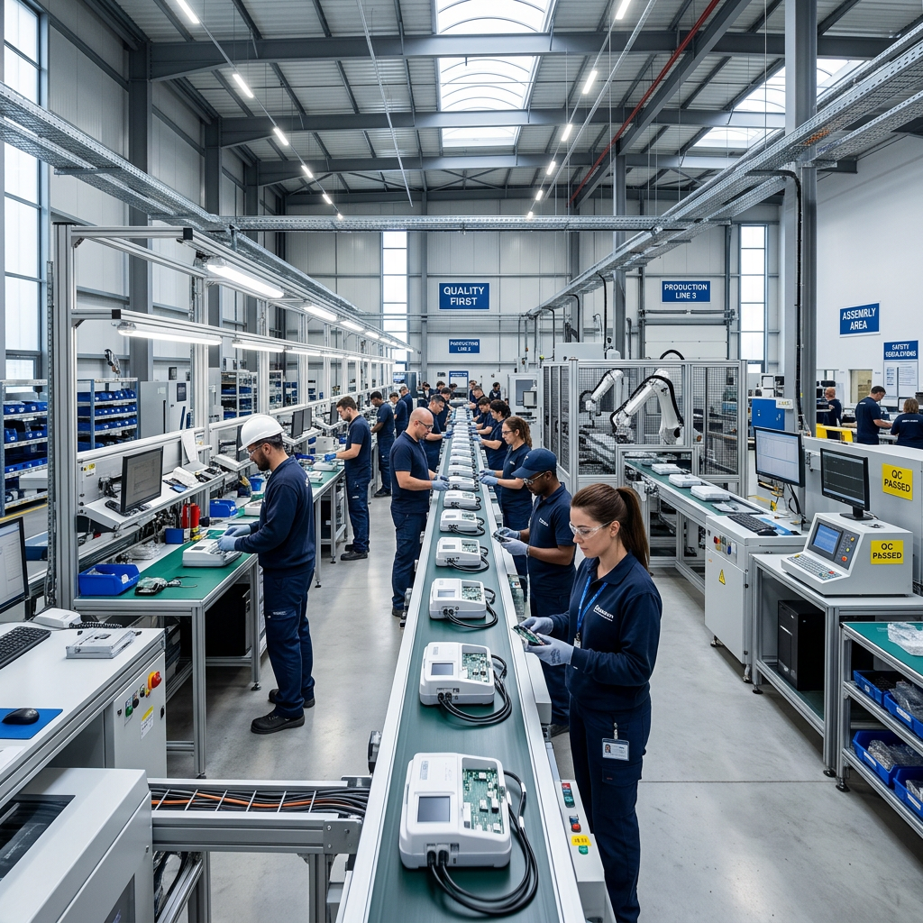 Workers assembling electronic devices on a conveyor belt in a factory